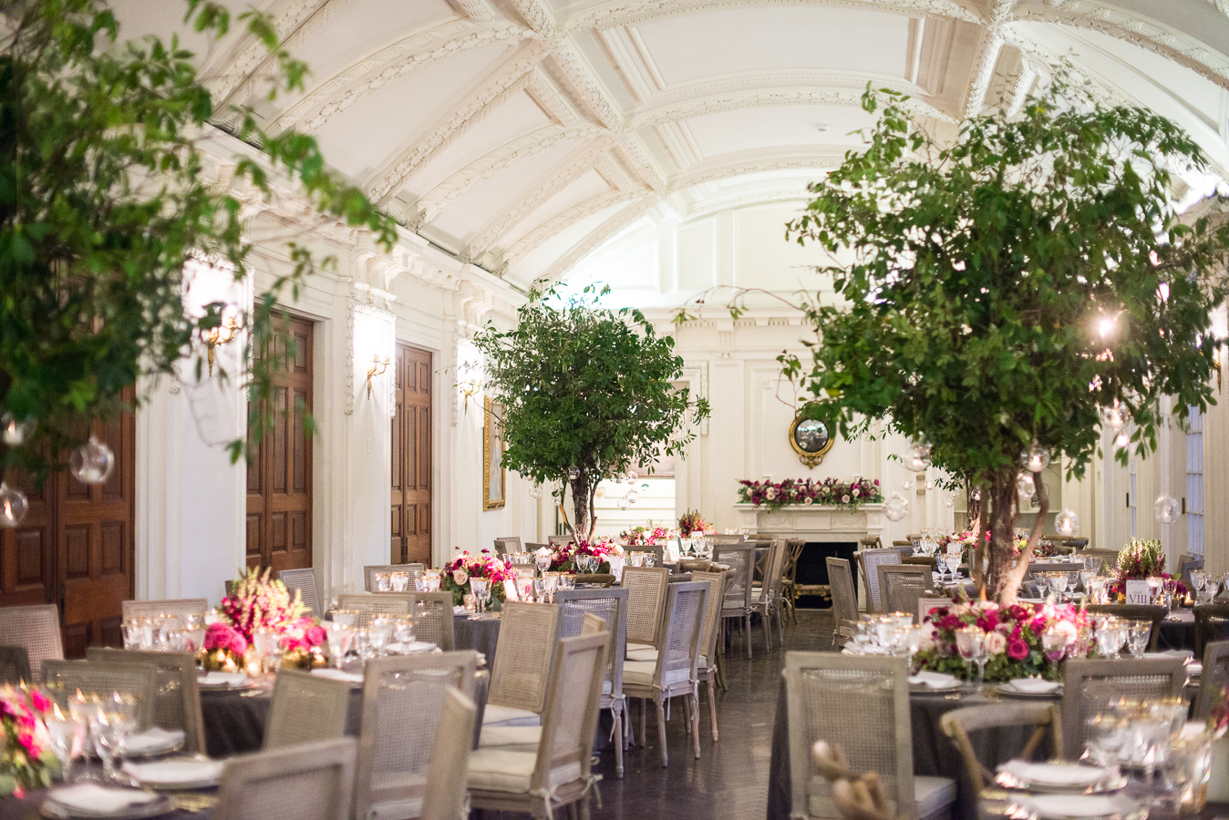 Berry Toned Flowers and Trees Wedding Reception at DAR in Washington, DC